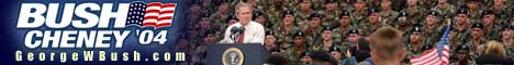 Bush/Cheney '04 banner with President George Walker Bush addressing the troops