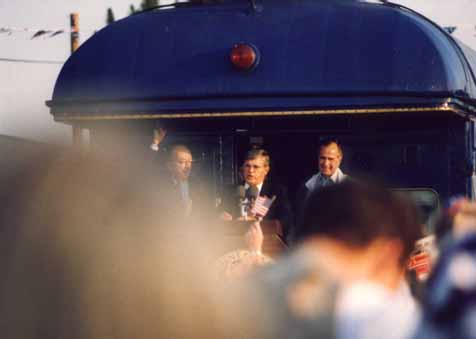 A photo of N.C. Governor Jim Martin addressing the crowd during President George Bush's Campaign '92 whistle-stop in Burlington, NC 