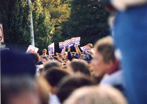 A photo of Clintonista protesters at President George Bush's Campaign '92 whistle-stop in Burlington, NC 