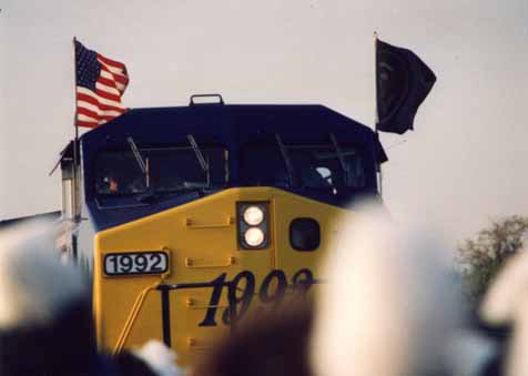 A photo of President George Bush's campaign train, Spirit of America, pulling into the station for his Campaign '92 whistle-stop in Burlington, NC 