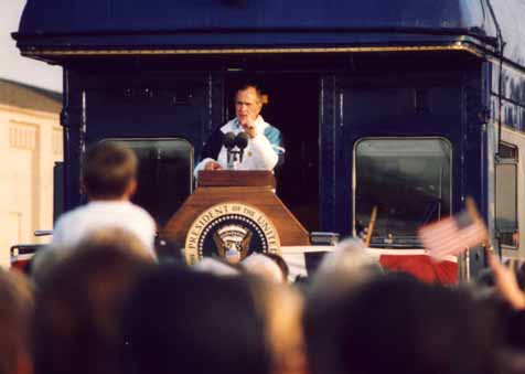 A photo of President George Bush emphasizing a point during his Campaign '92 whistle-stop in Burlington, NC 